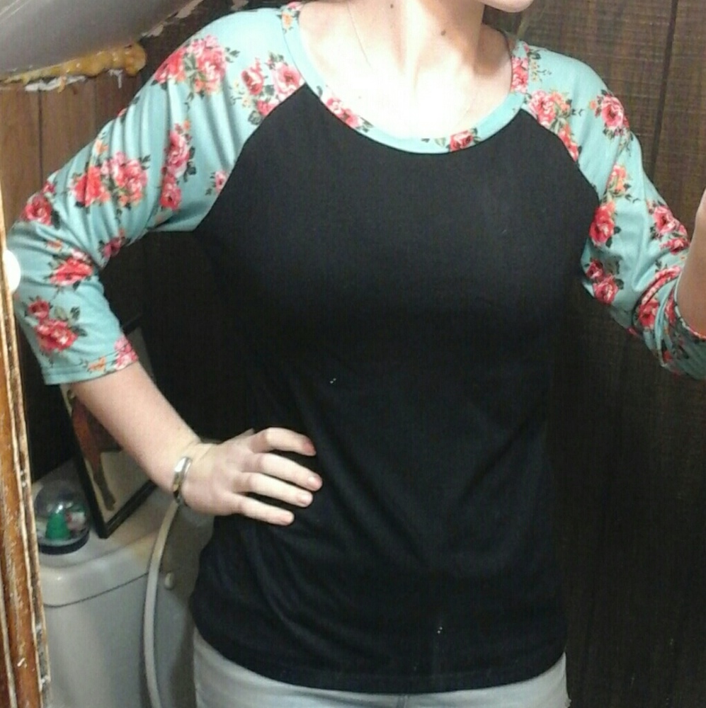 Black floral-sleeve shirt